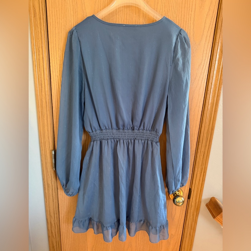 ALTAR’D STATE Like New Dusty Blue Sparkle Ruffle Long Sleeve Mini Dress Size L - Picture 6 of 10